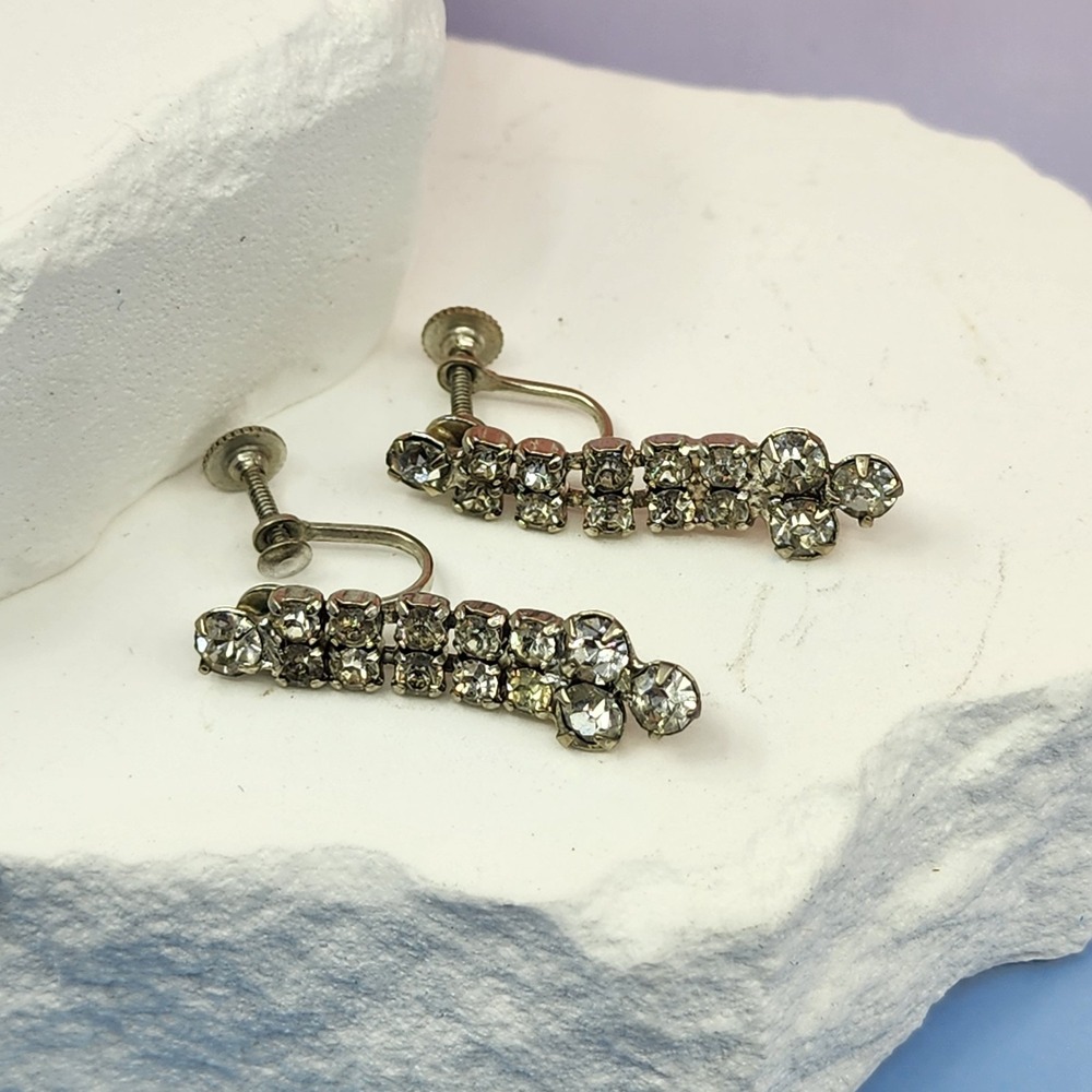 Vintage Clear Rhinestone Silver Tone Screw Back Drop Earrings Statement Bridal